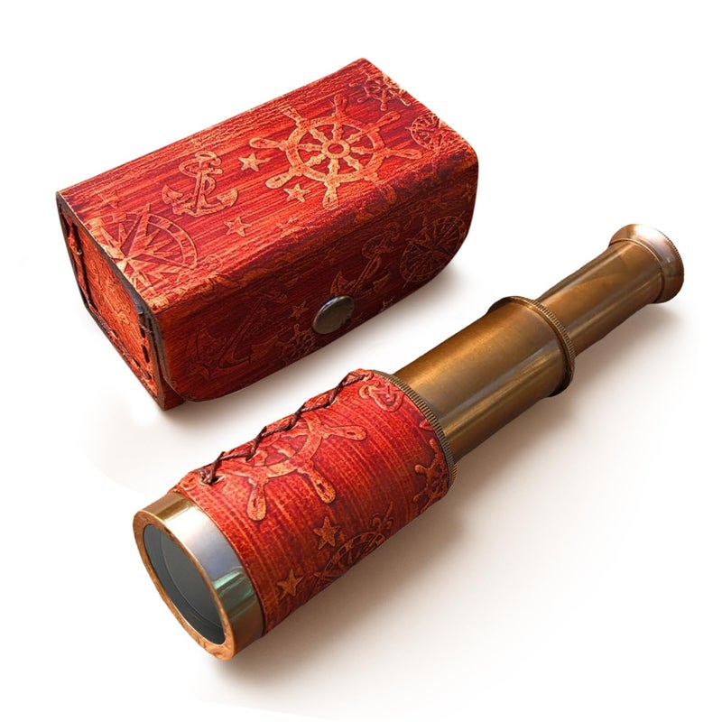 NauticalMart Brass Pirate Telescope 6 Inch Nautical Spyglass Collapsible Monocular for Adventure Enthusiasts Gift | Solid Brass Handheld Telescope with Leather Handle for Adult Telescopes - Image 1